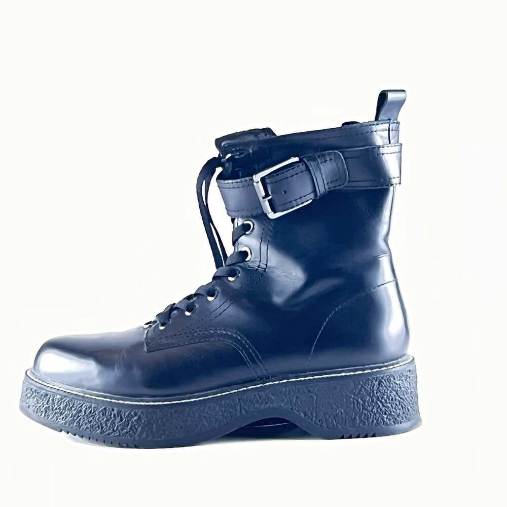 Zara Black Leather Chunky Platform Lug Sole Combat Boots Buckle Side Zip US Sz 9